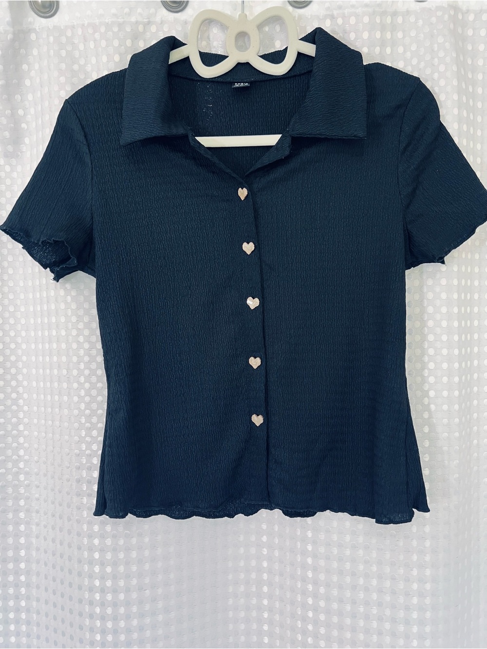 SHEIN Black Short Sleeve Collared Button-Down Top with Heart Buttons